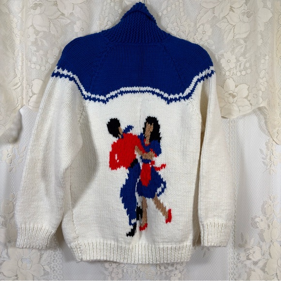 Vintage 70s Cowichan Blue and White Zip-Up Cardigan Music Dancer Size Medium - Picture 2 of 9